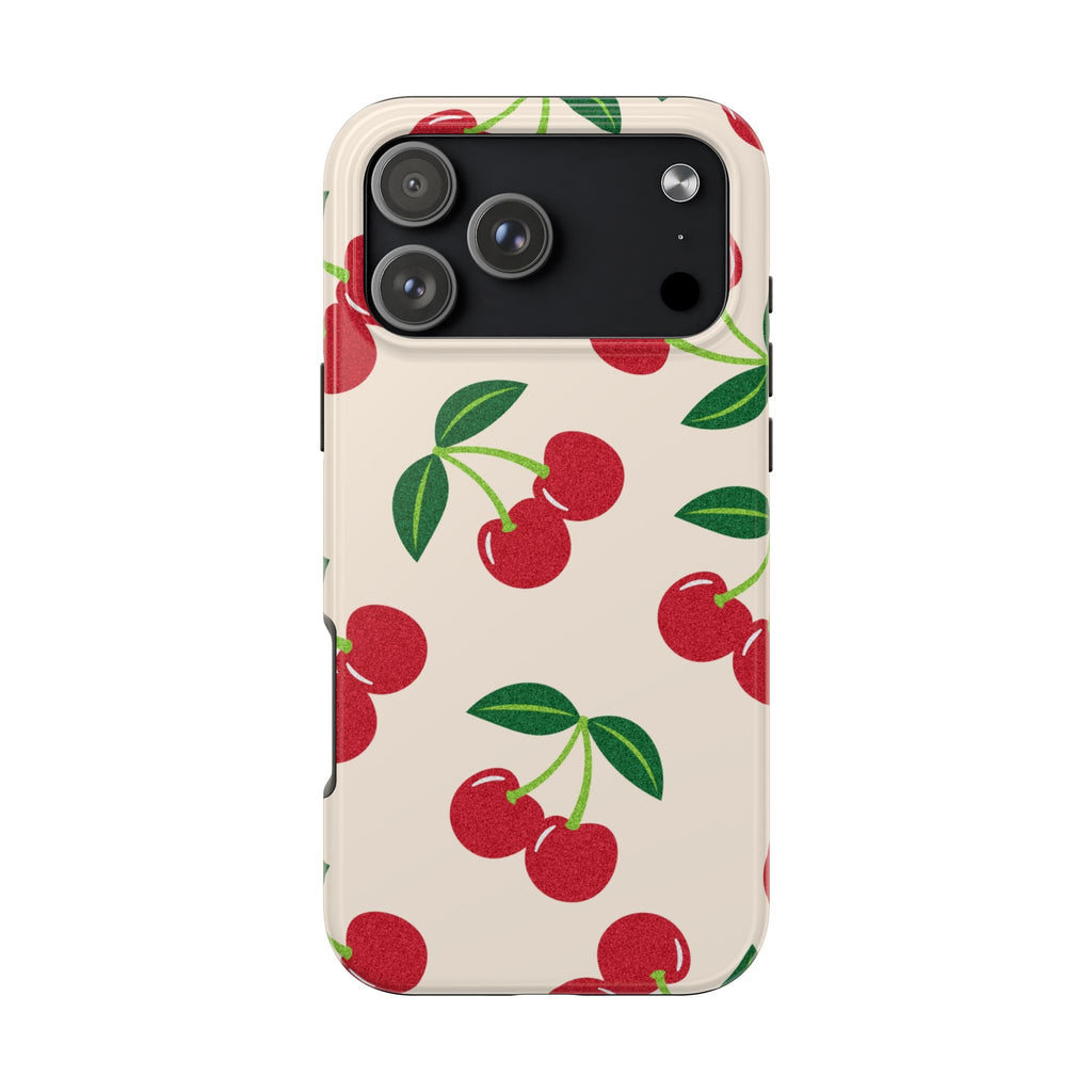 Cherry Pattern Tough Phone Case — Retro Red Cherries on Cream Protective Cover
