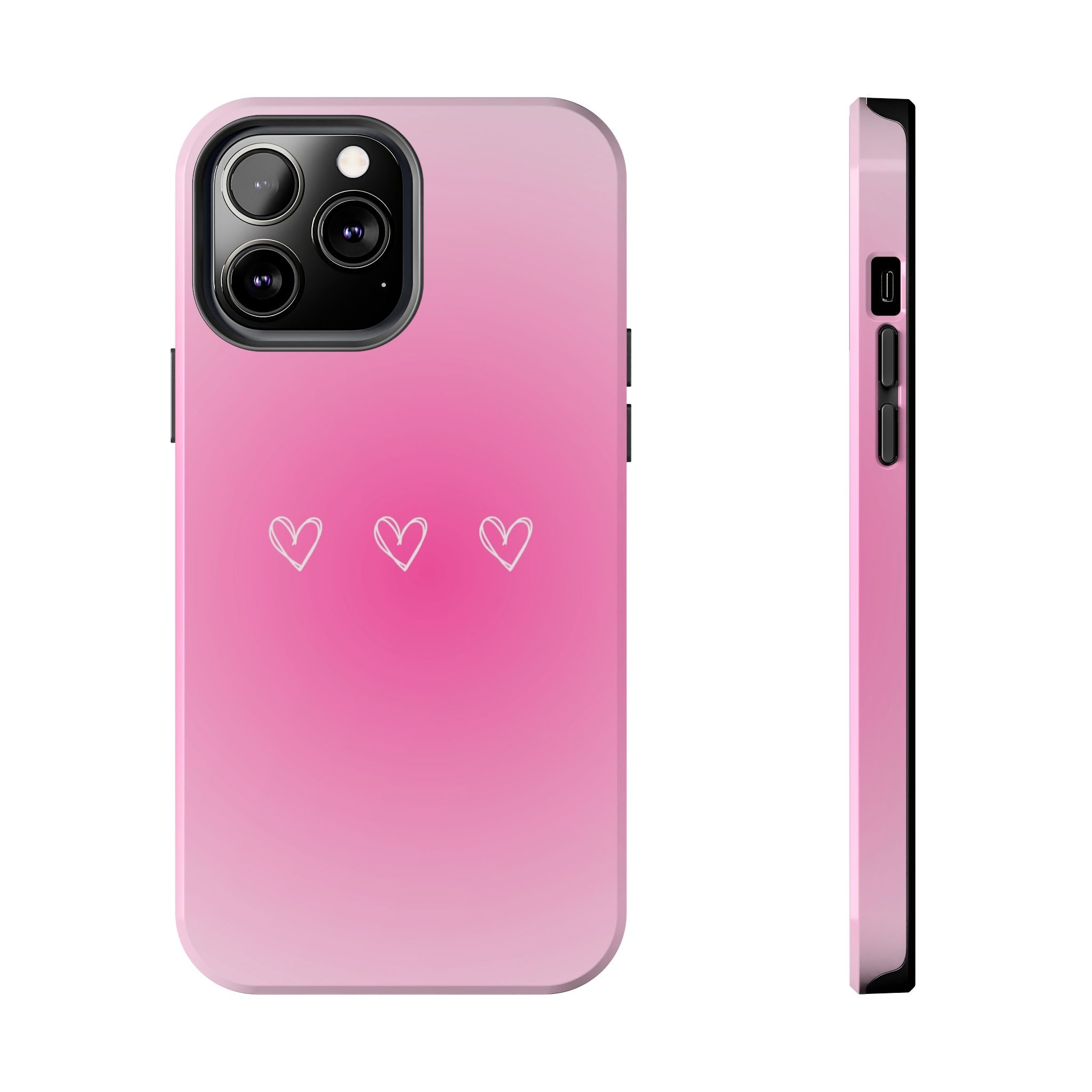 Pink Gradient Tough Phone Case with Three Hand-Drawn Hearts