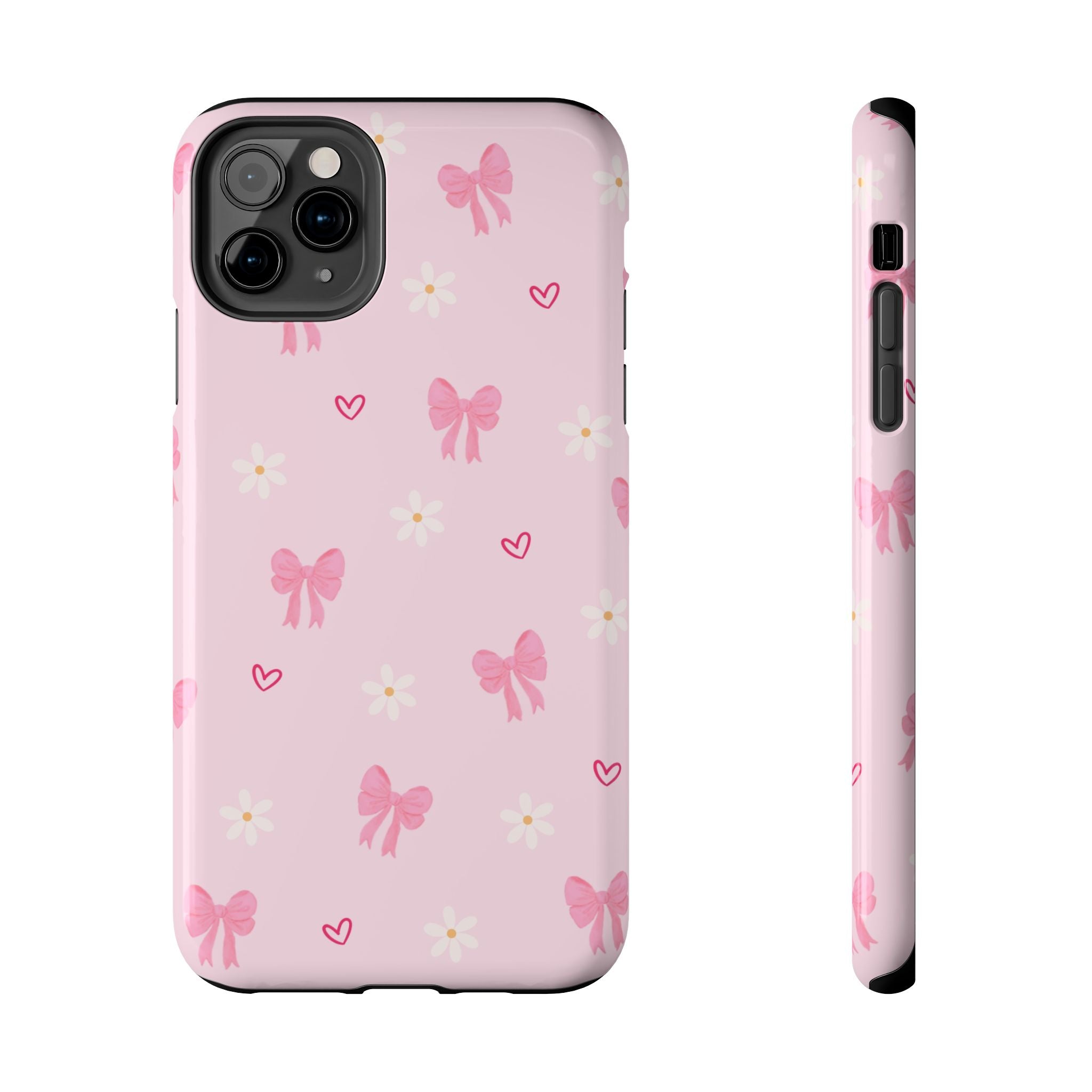 Pink Bow & Daisy Tough Phone Case — Cute Floral Heart Pattern Protective Phone Cover