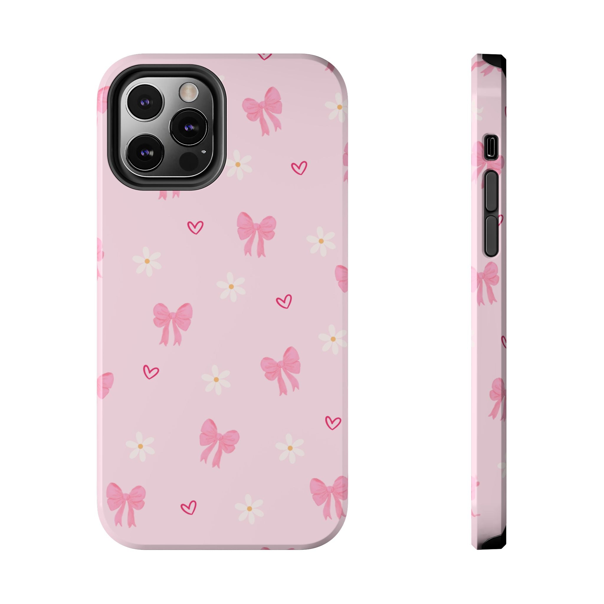 Pink Bow & Daisy Tough Phone Case — Cute Floral Heart Pattern Protective Phone Cover