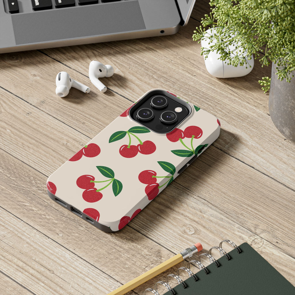 Cherry Pattern Tough Phone Case — Retro Red Cherries on Cream Protective Cover