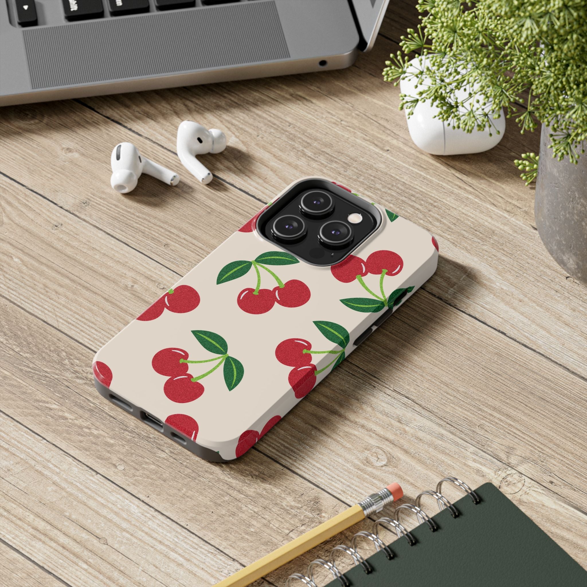 Cherry Pattern Tough Phone Case — Retro Red Cherries on Cream Protective Cover