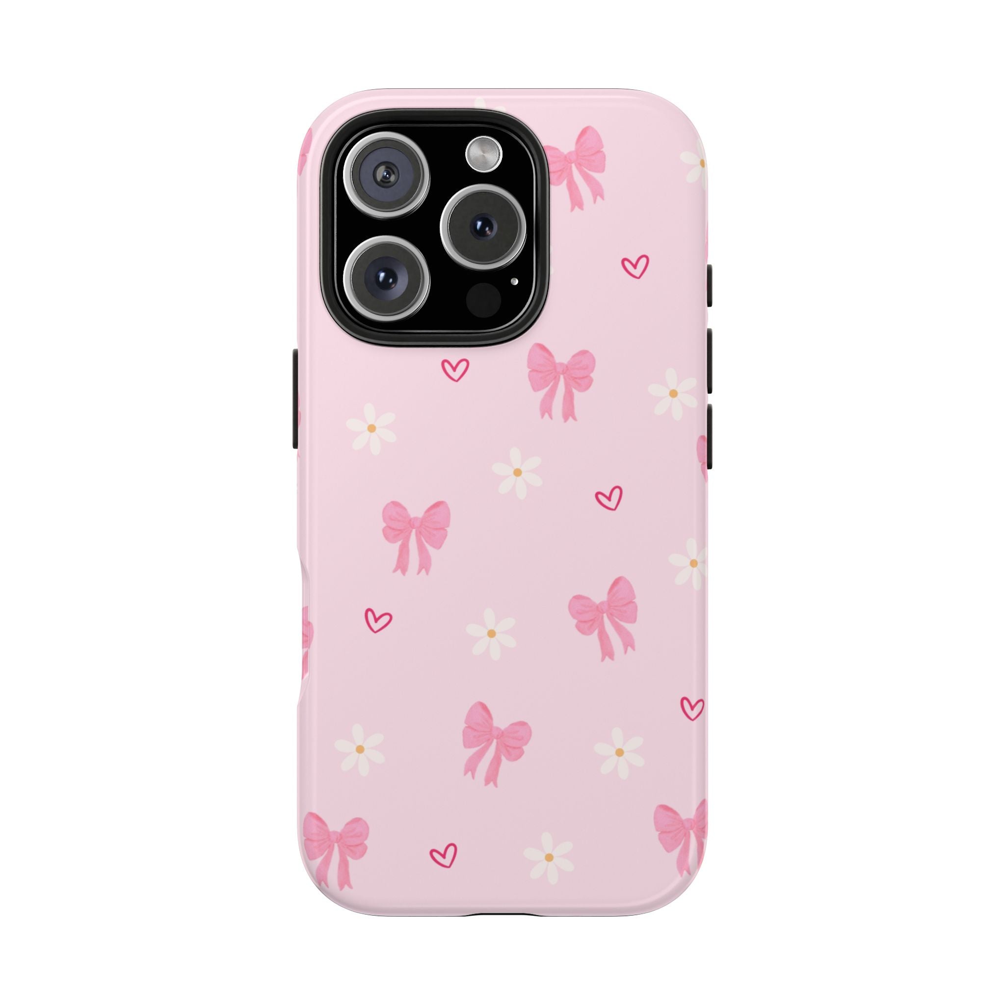 Pink Bow & Daisy Tough Phone Case — Cute Floral Heart Pattern Protective Phone Cover