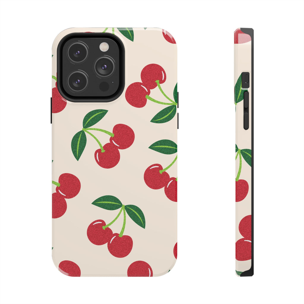 Cherry Pattern Tough Phone Case — Retro Red Cherries on Cream Protective Cover