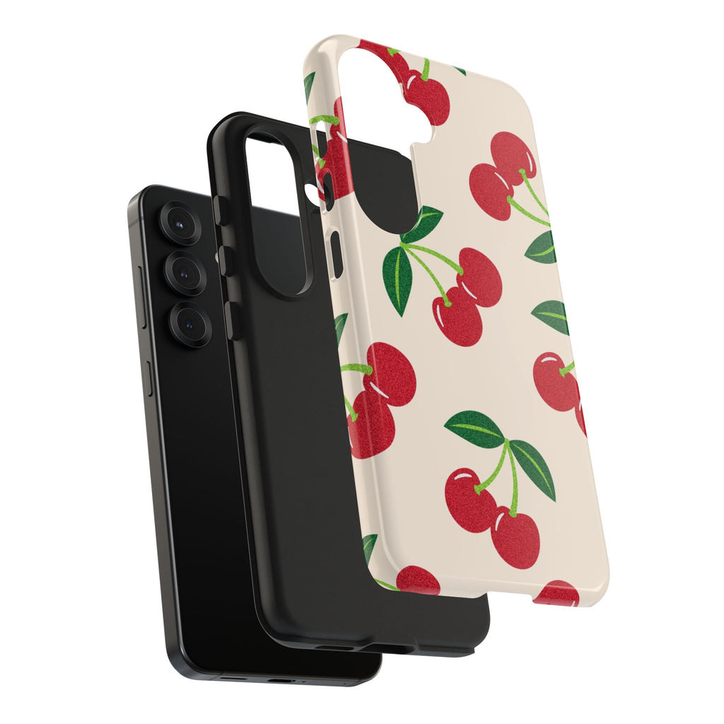 Cherry Pattern Tough Phone Case — Retro Red Cherries on Cream Protective Cover