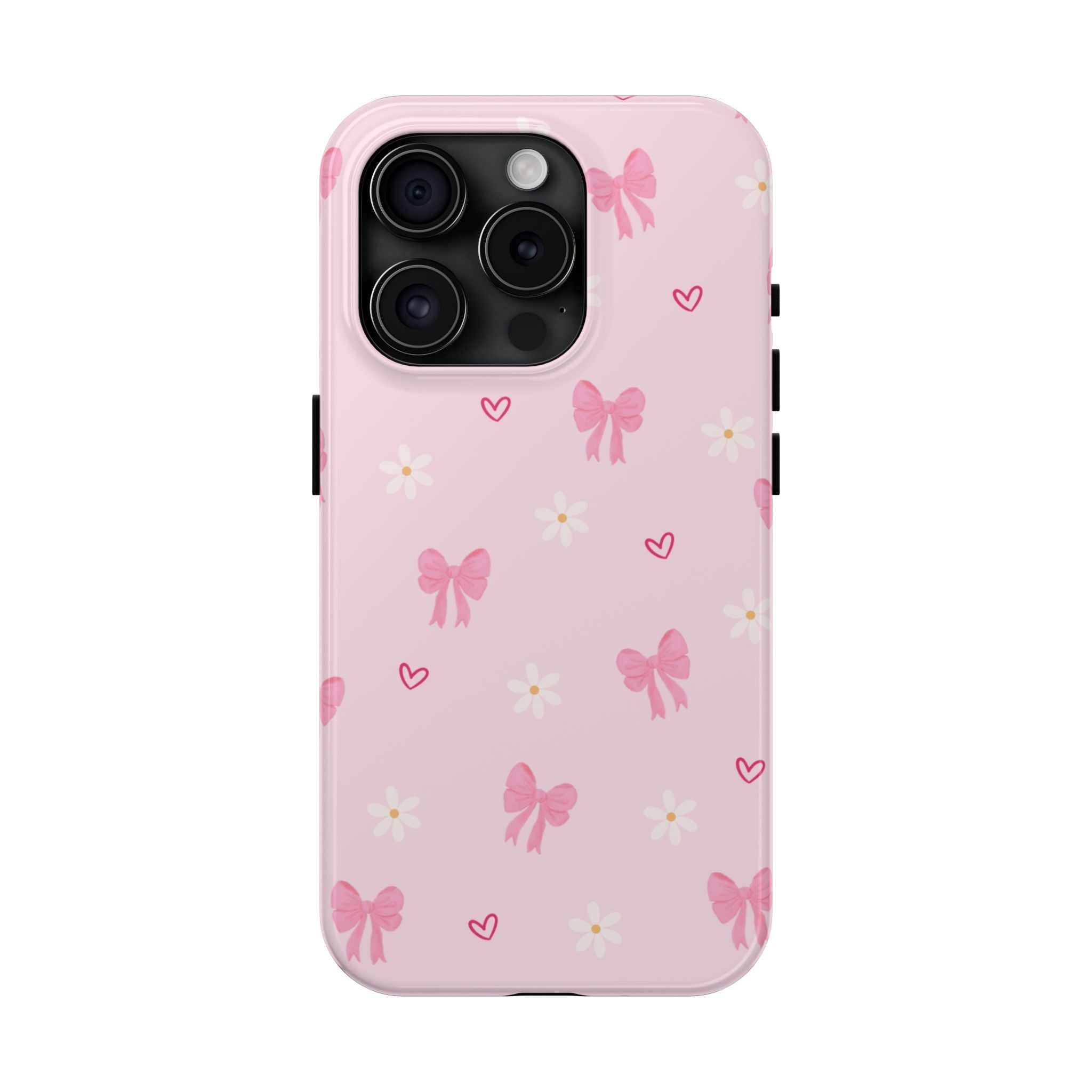 Pink Bow & Daisy Tough Phone Case — Cute Floral Heart Pattern Protective Phone Cover