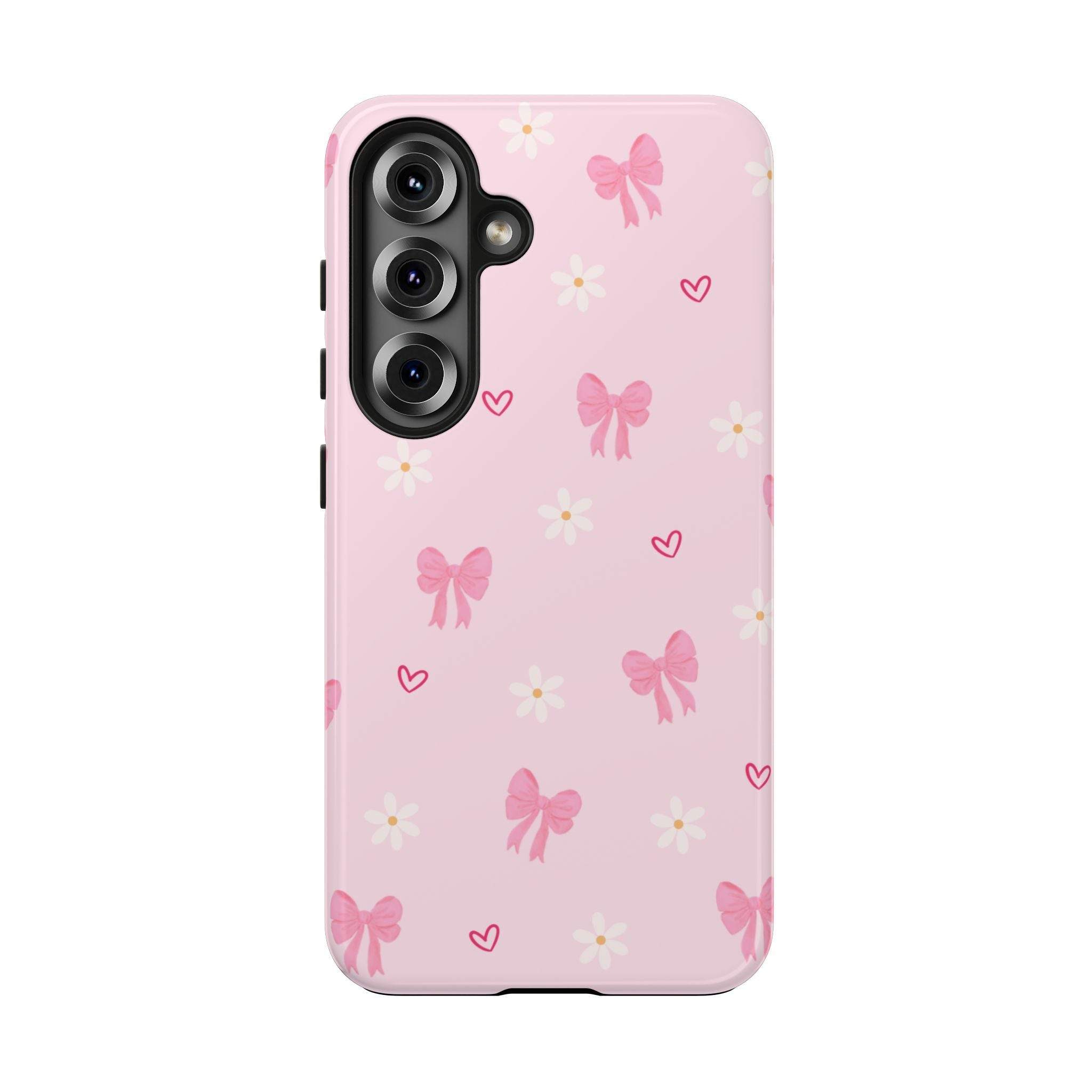 Pink Bow & Daisy Tough Phone Case — Cute Floral Heart Pattern Protective Phone Cover