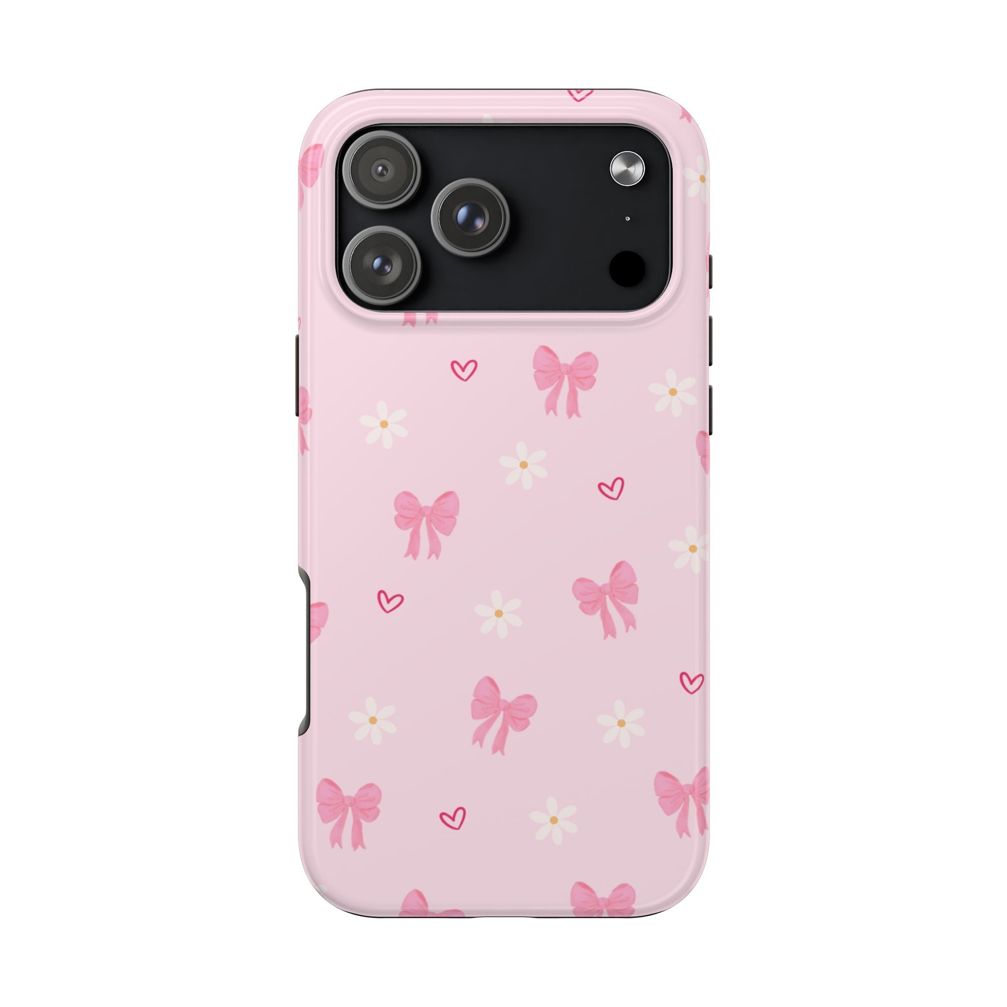 Pink Bow & Daisy Tough Phone Case — Cute Floral Heart Pattern Protective Phone Cover