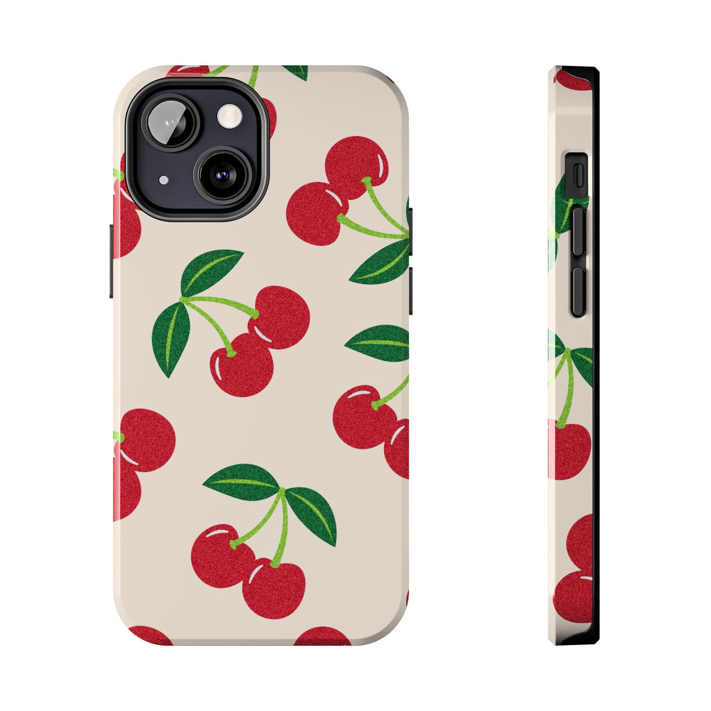 Cherry Pattern Tough Phone Case — Retro Red Cherries on Cream Protective Cover