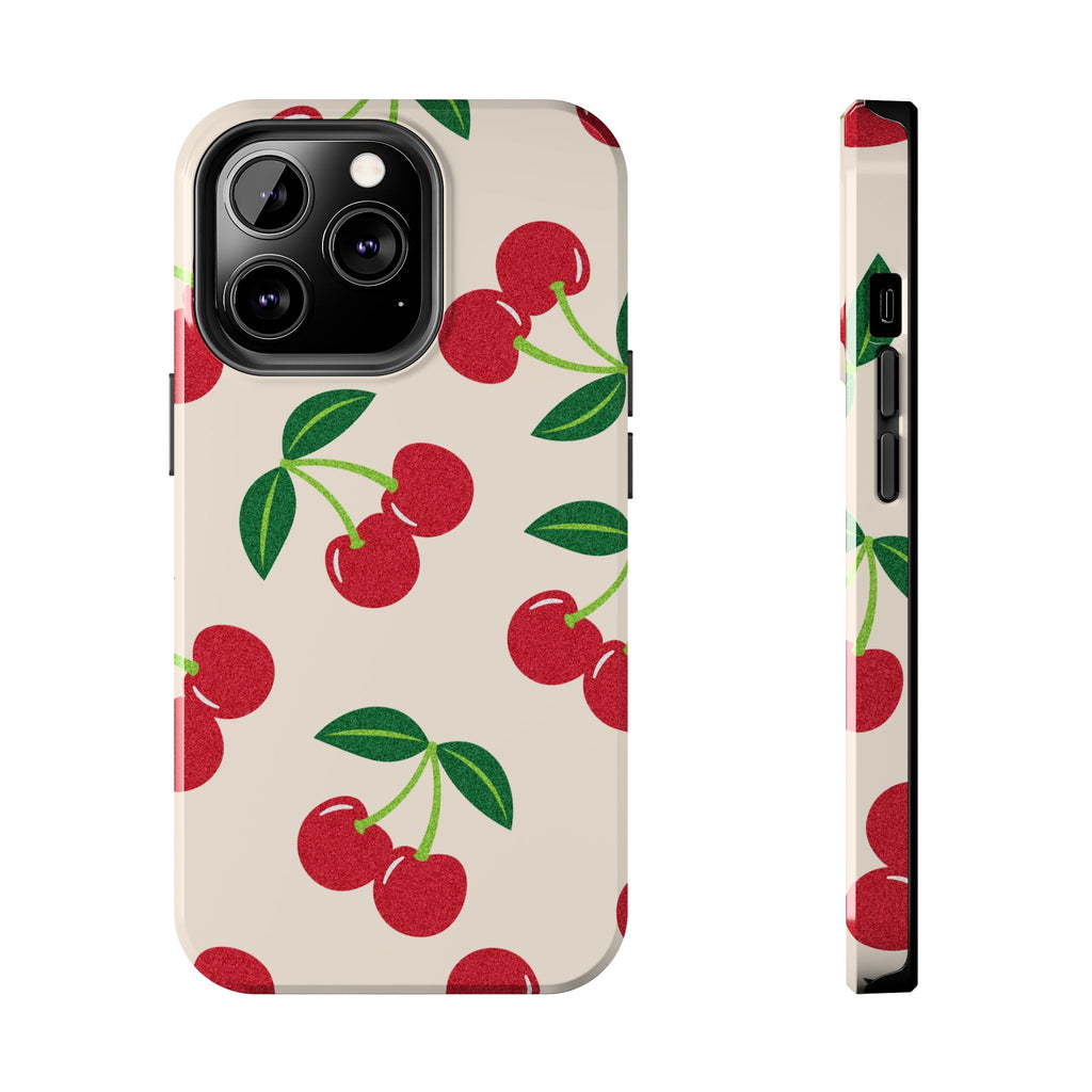 Cherry Pattern Tough Phone Case — Retro Red Cherries on Cream Protective Cover