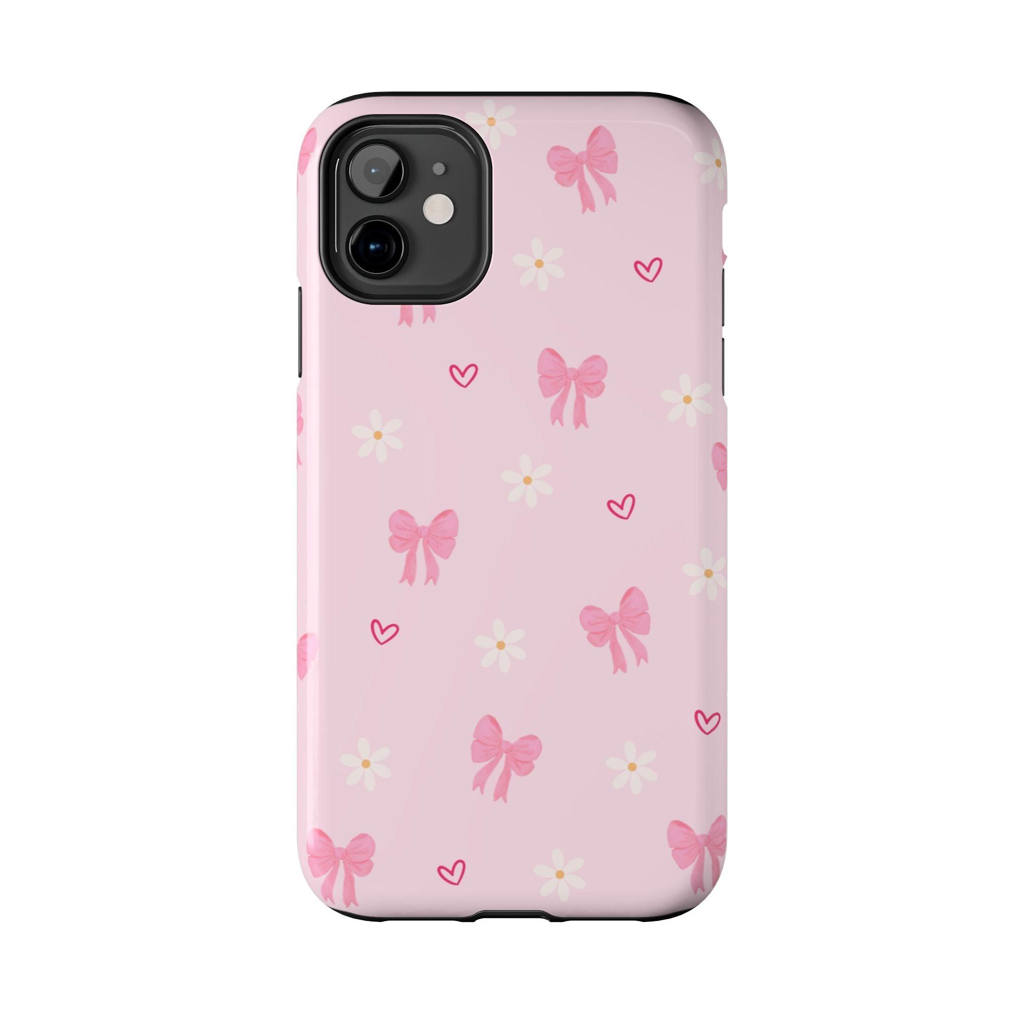 Pink Bow & Daisy Tough Phone Case — Cute Floral Heart Pattern Protective Phone Cover