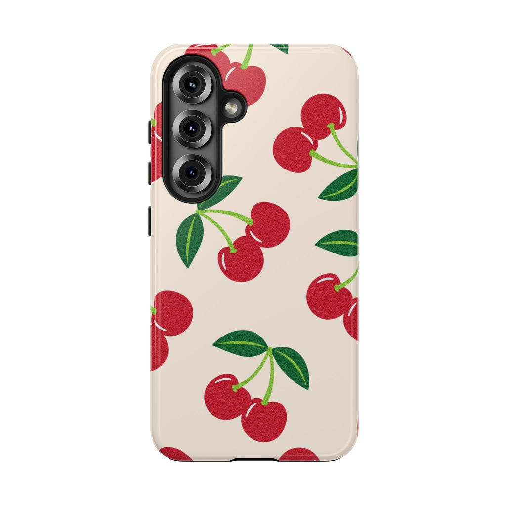 Cherry Pattern Tough Phone Case — Retro Red Cherries on Cream Protective Cover