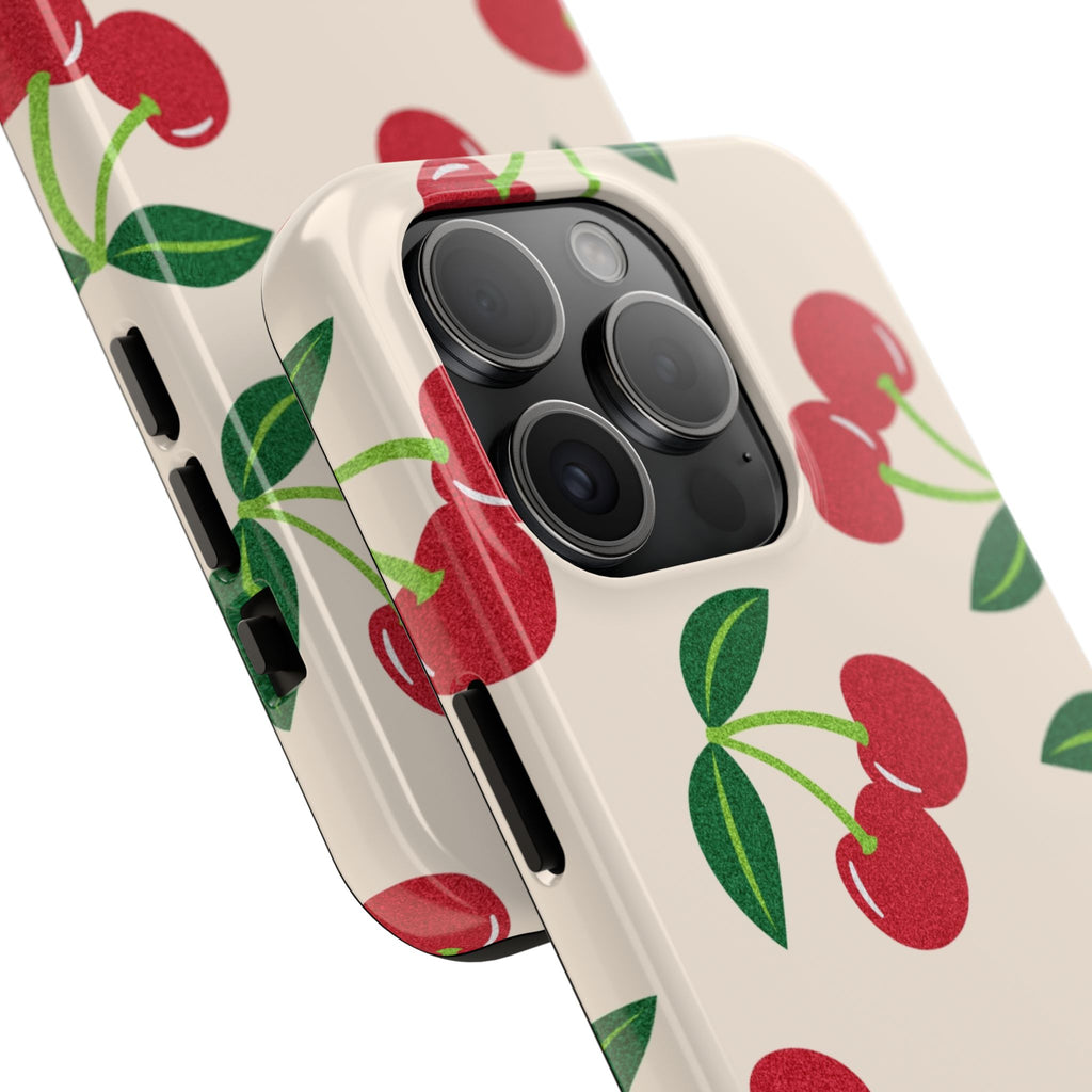 Cherry Pattern Tough Phone Case — Retro Red Cherries on Cream Protective Cover