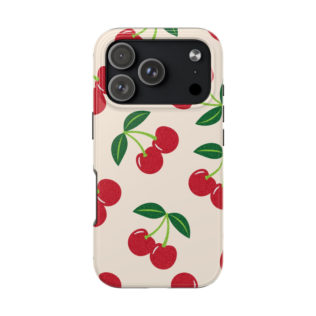Cherry Pattern Tough Phone Case — Retro Red Cherries on Cream Protective Cover