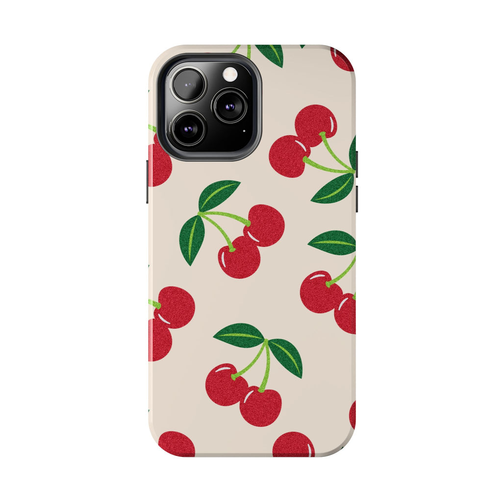 Cherry Pattern Tough Phone Case — Retro Red Cherries on Cream Protective Cover