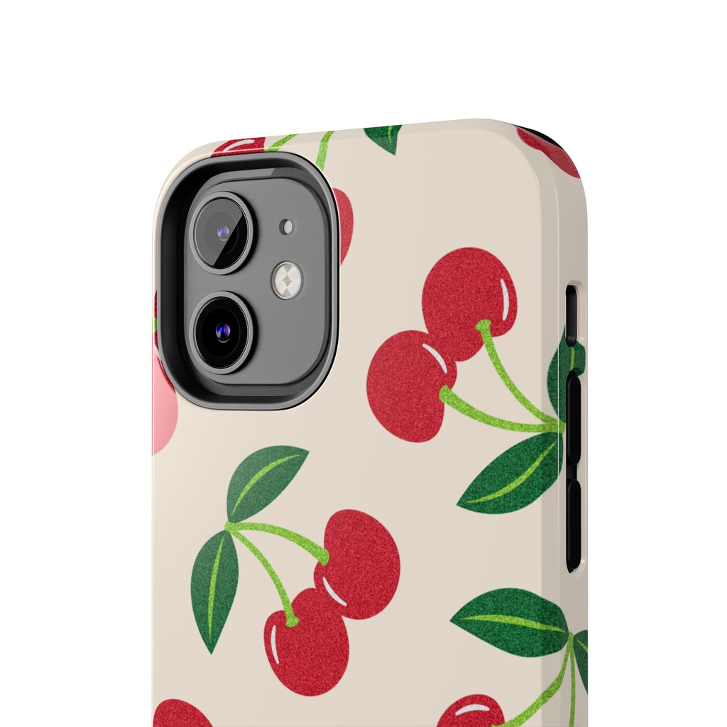 Cherry Pattern Tough Phone Case — Retro Red Cherries on Cream Protective Cover