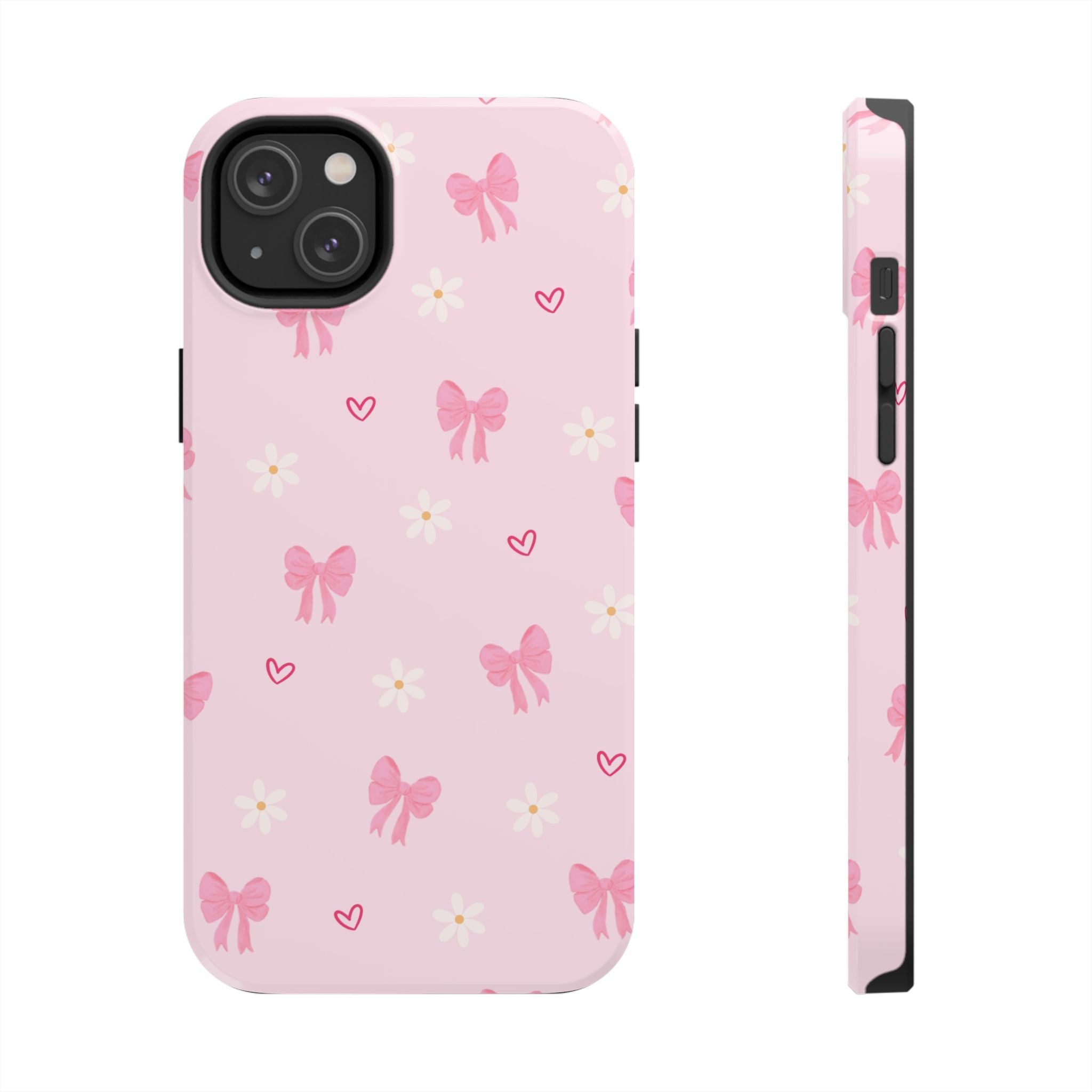 Pink Bow & Daisy Tough Phone Case — Cute Floral Heart Pattern Protective Phone Cover