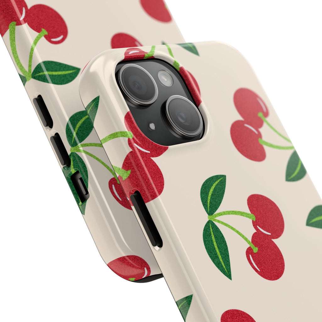 Cherry Pattern Tough Phone Case — Retro Red Cherries on Cream Protective Cover