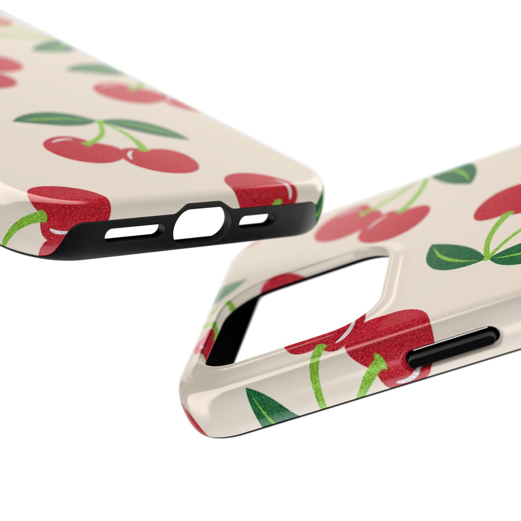 Cherry Pattern Tough Phone Case — Retro Red Cherries on Cream Protective Cover