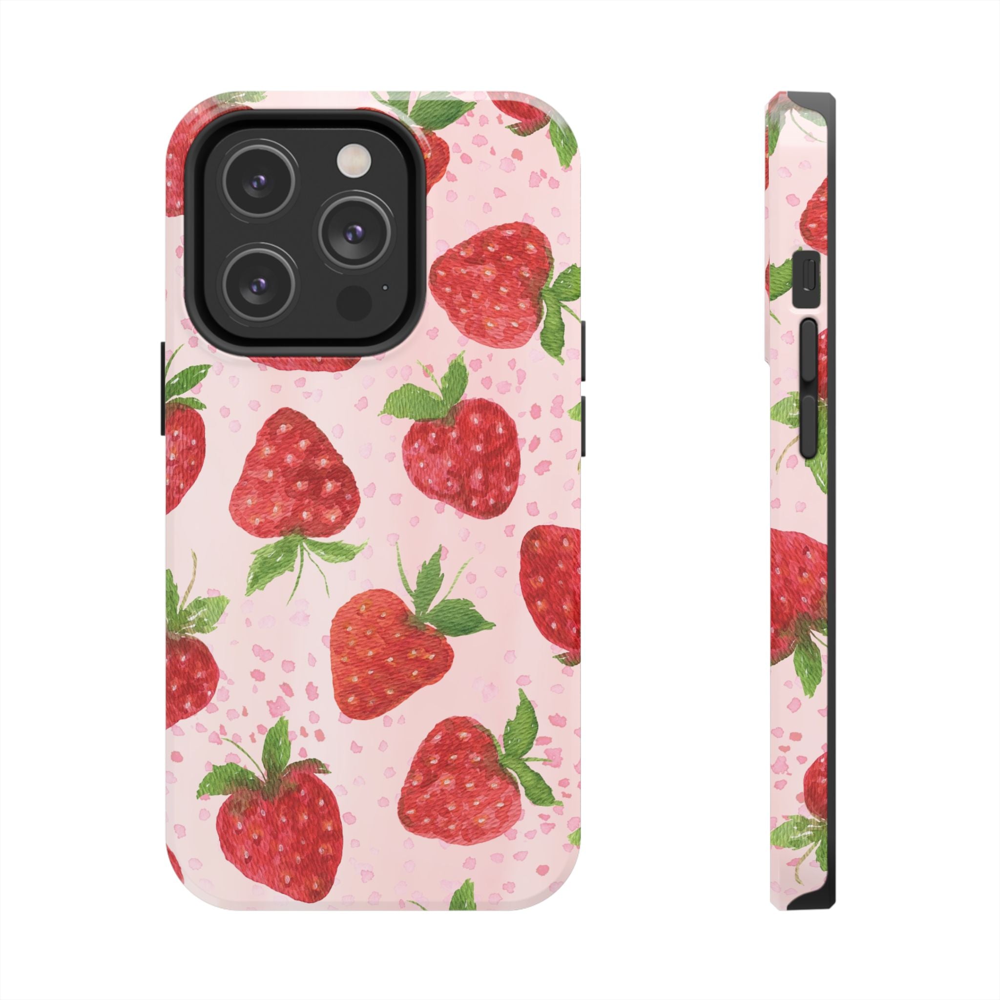 Strawberry Pattern Tough Phone Case — Pink Cute Fruit Protective Cover