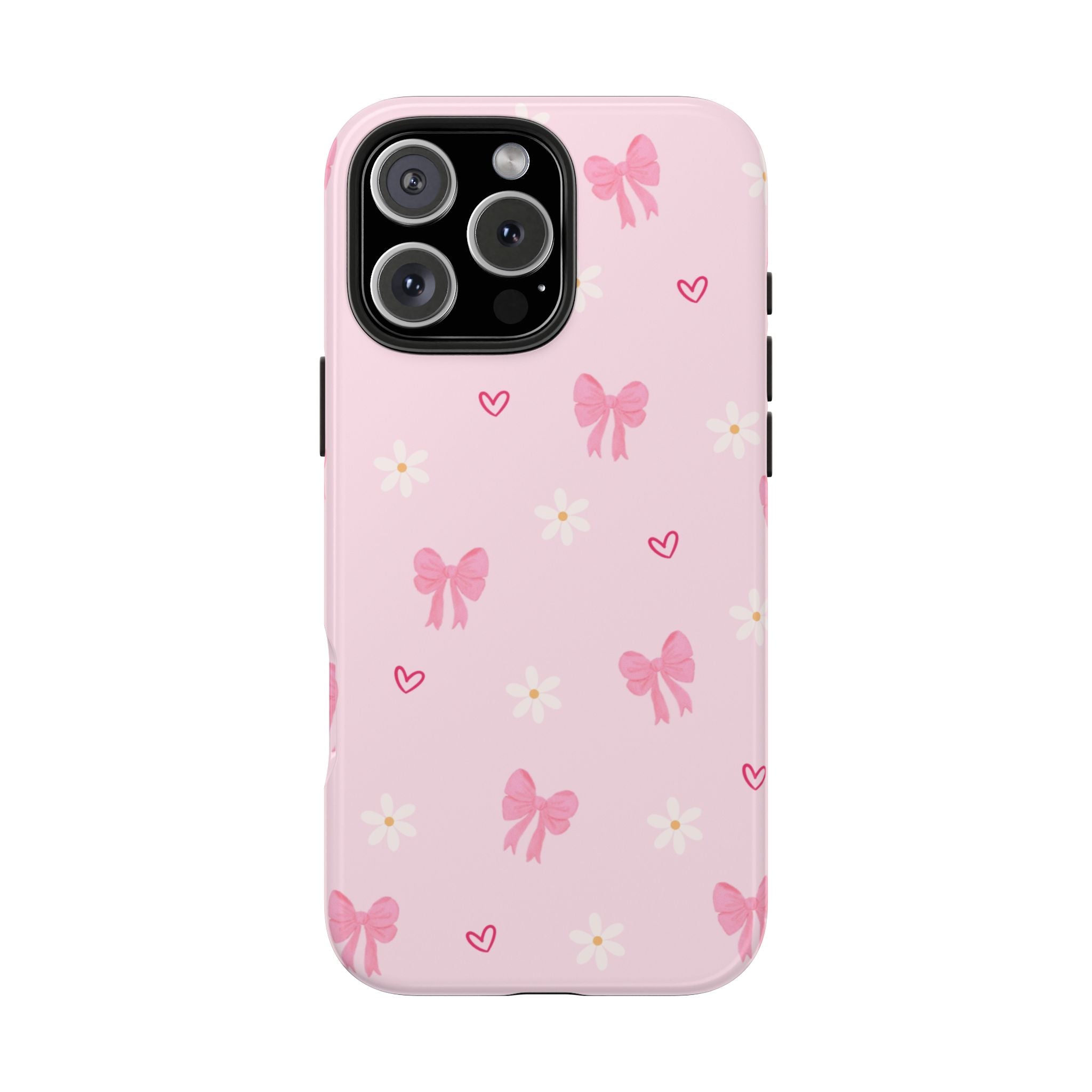 Pink Bow & Daisy Tough Phone Case — Cute Floral Heart Pattern Protective Phone Cover