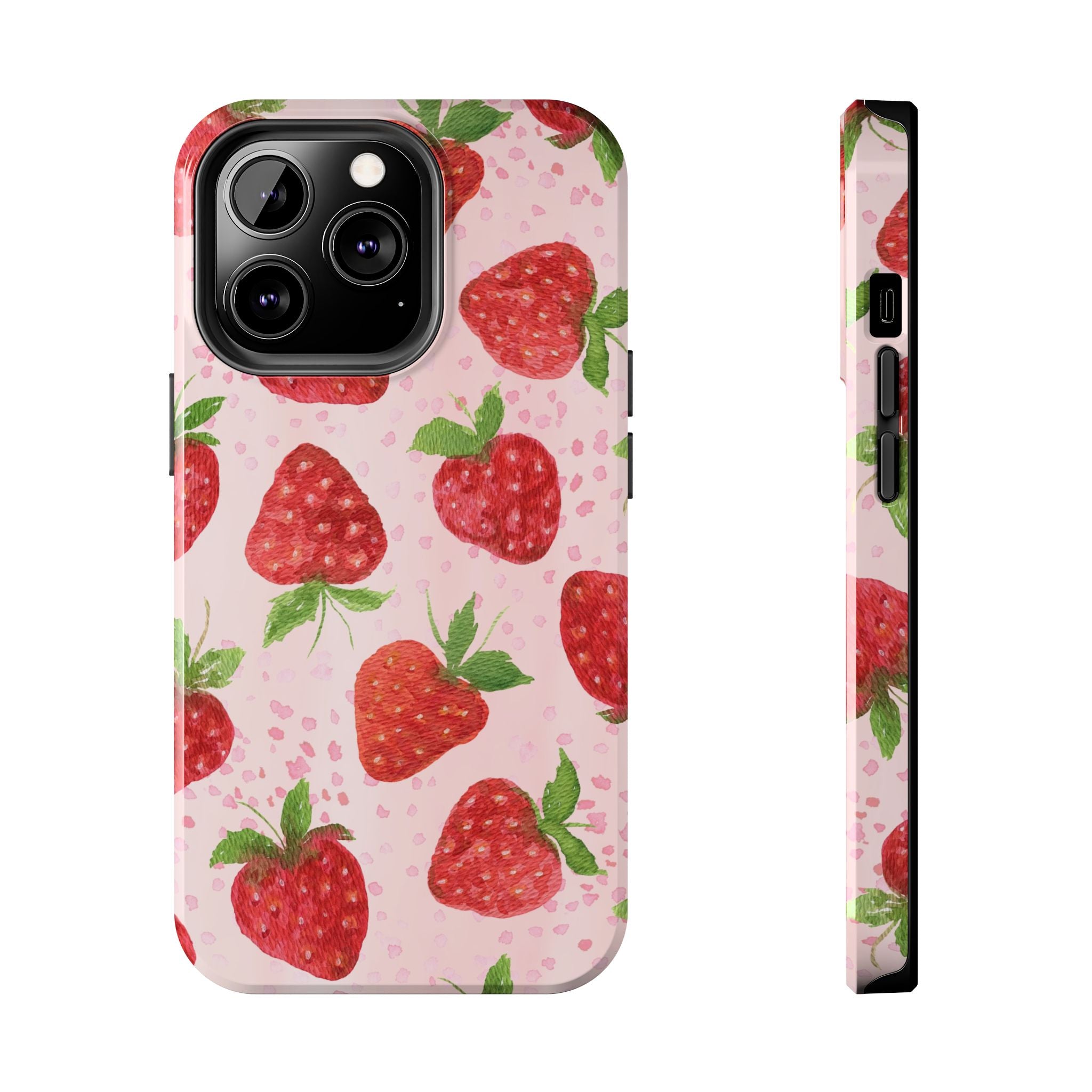 Strawberry Pattern Tough Phone Case — Pink Cute Fruit Protective Cover