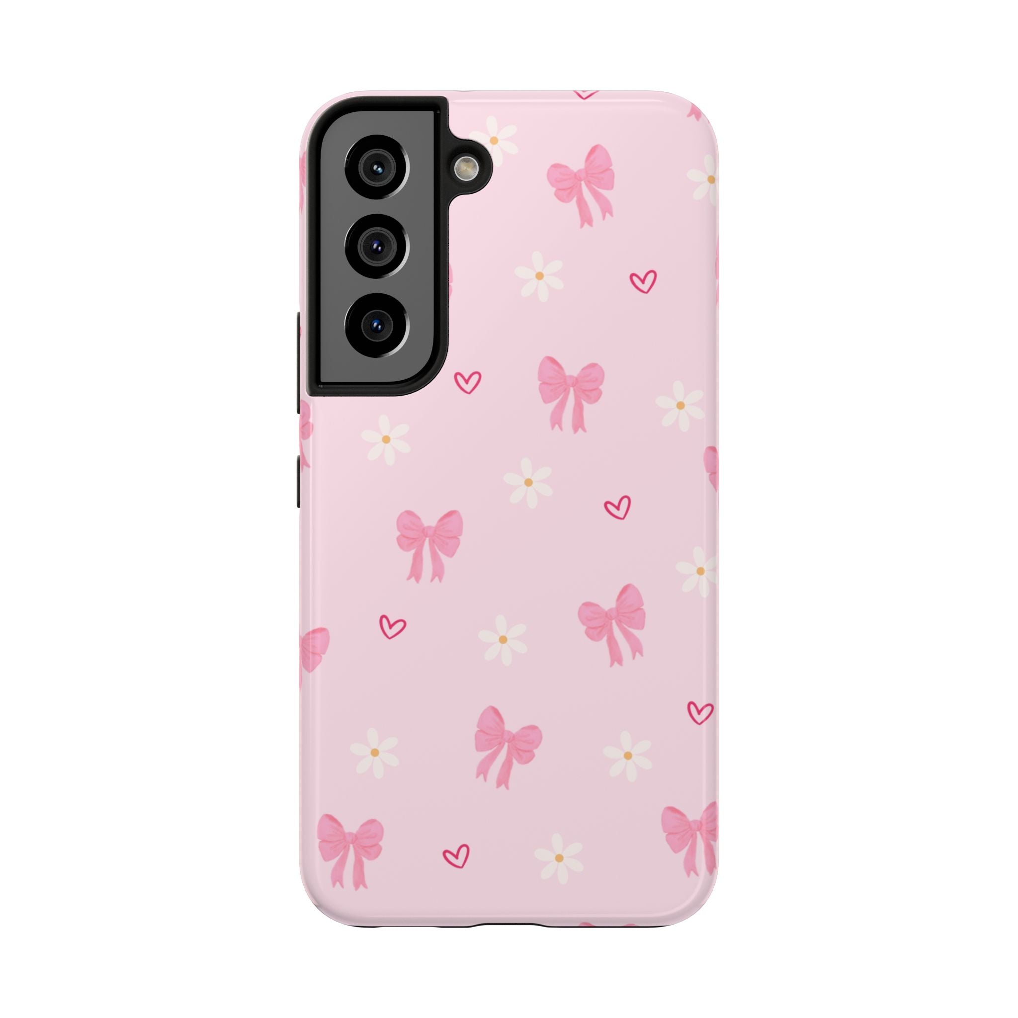 Pink Bow & Daisy Tough Phone Case — Cute Floral Heart Pattern Protective Phone Cover