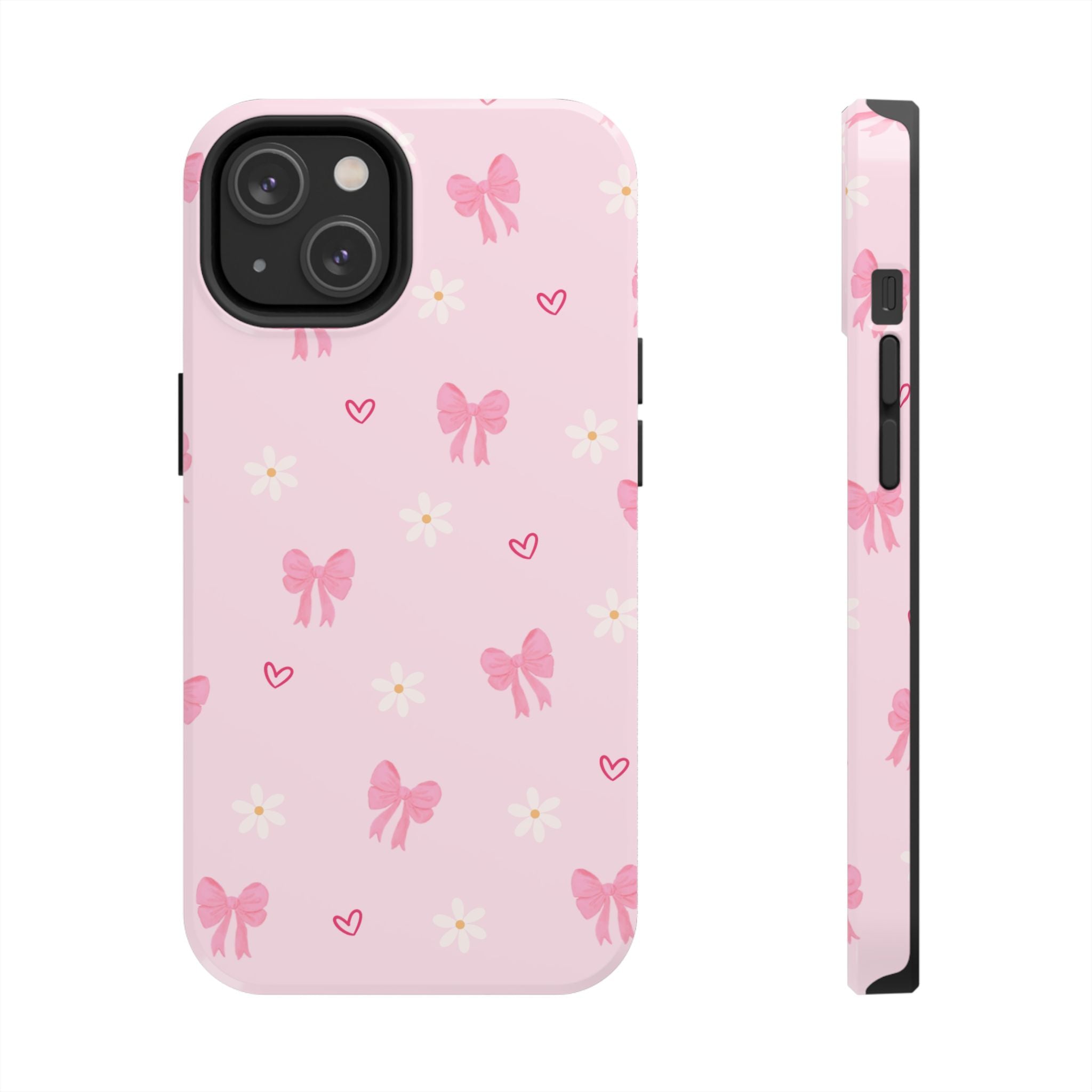 Pink Bow & Daisy Tough Phone Case — Cute Floral Heart Pattern Protective Phone Cover